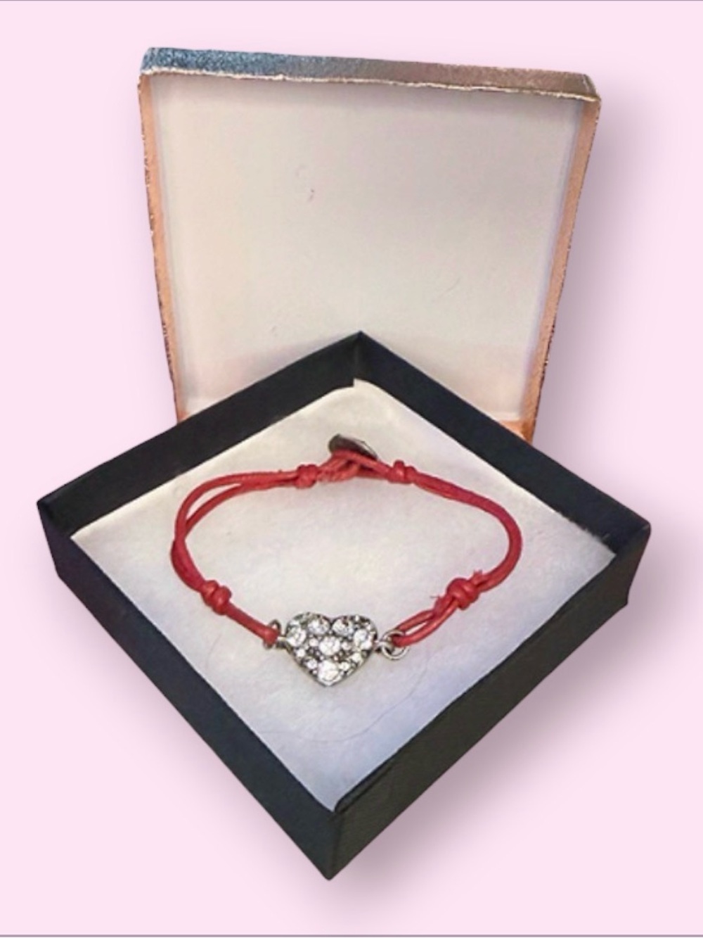 Vintage Fossil leather pink Cord Heart Crystal Bracelet